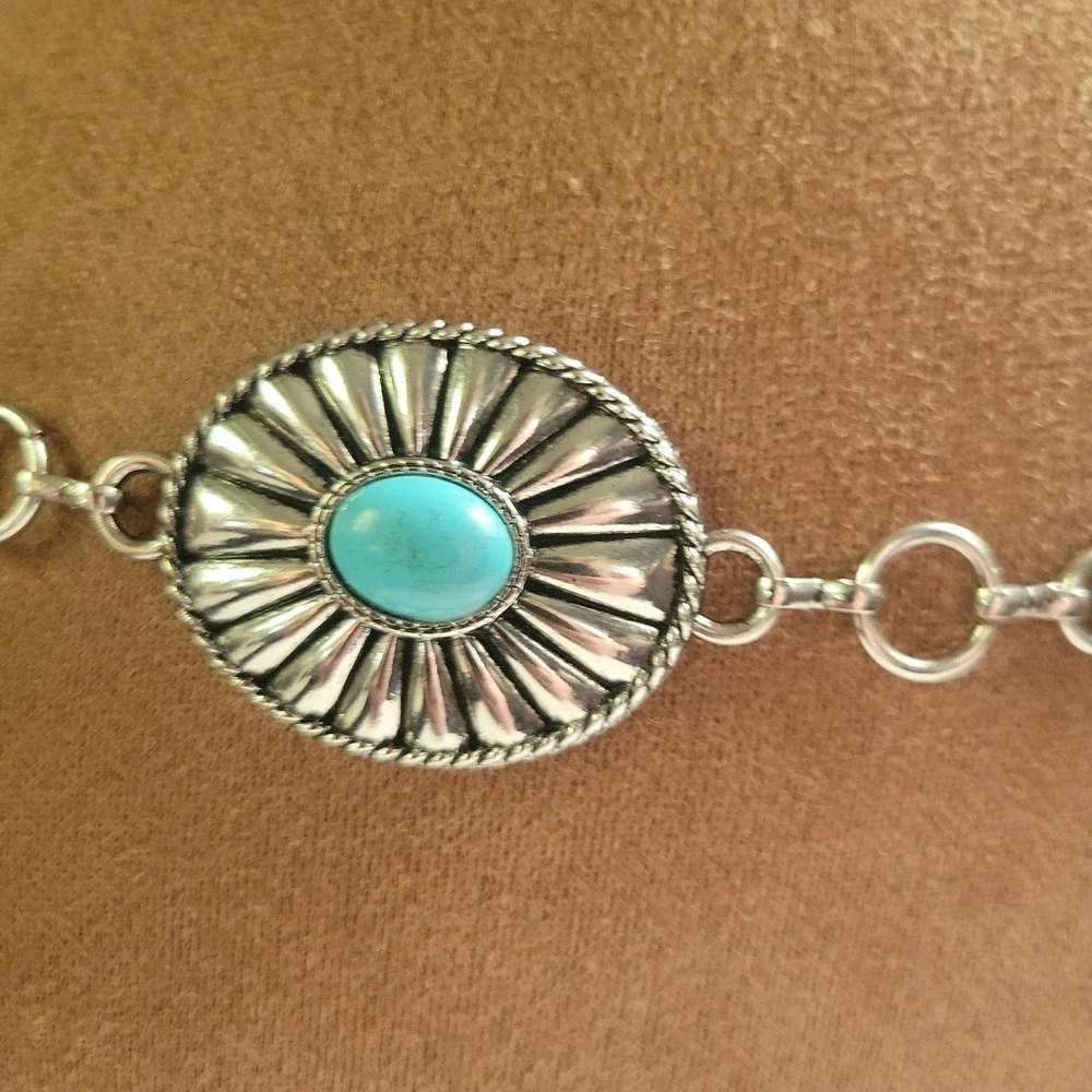 Silver Faux Turquoise Concho Chain Belt Adjustable 36 Inch Western Cowgirl